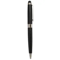 Bolígrafo ejecutivo negro con ranuras de agarre, clip metálico plateado y punta stylus superior, ideal para bolígrafos promocionales corporativos