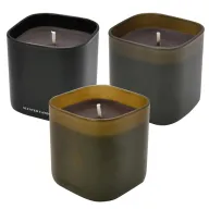 Velas aromáticas en vasos cuadrados de tono oscuro y acabado mate, ideales como material promocional para regalos corporativos