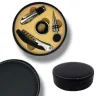 Set para vino de 4 piezas en estuche circular de curpitel con sacacorchos, tapón y accesorios, excelente como material promocional ejecutivo