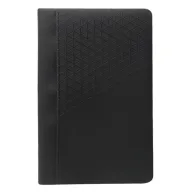 Toma fotográfica de libretas promocionales con cubierta negra en acabado mate, grabado geométrico de triángulos en relieve en la parte superior y lomo liso ideal para impresión corporativa.