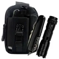 Kit táctico de supervivencia con linterna LED, navaja multiusos y estuche organizador negro, indispensable dentro de los utensilios para acampar al aire libre