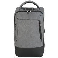 Imagen de backpacks promocionales estilo rolltop en color gris y azul con broche frontal de hebilla, cierres verticales y tirantes acolchados para personalización de marca.