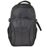 Toma visual de backpacks promocionales ejecutivas en color negro con asa acolchada, bolsas laterales de red y compartimentos frontales para personalización de marcas.