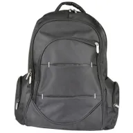 Imagen de backpacks promocionales ejecutivas en color negro de vista frontal con múltiples bolsillos con cierre, asa acolchada superior y bolsas laterales para personalización corporativa.