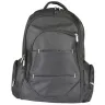 Imagen de backpacks promocionales ejecutivas en color negro de vista frontal con múltiples bolsillos con cierre, asa acolchada superior y bolsas laterales para personalización corporativa.